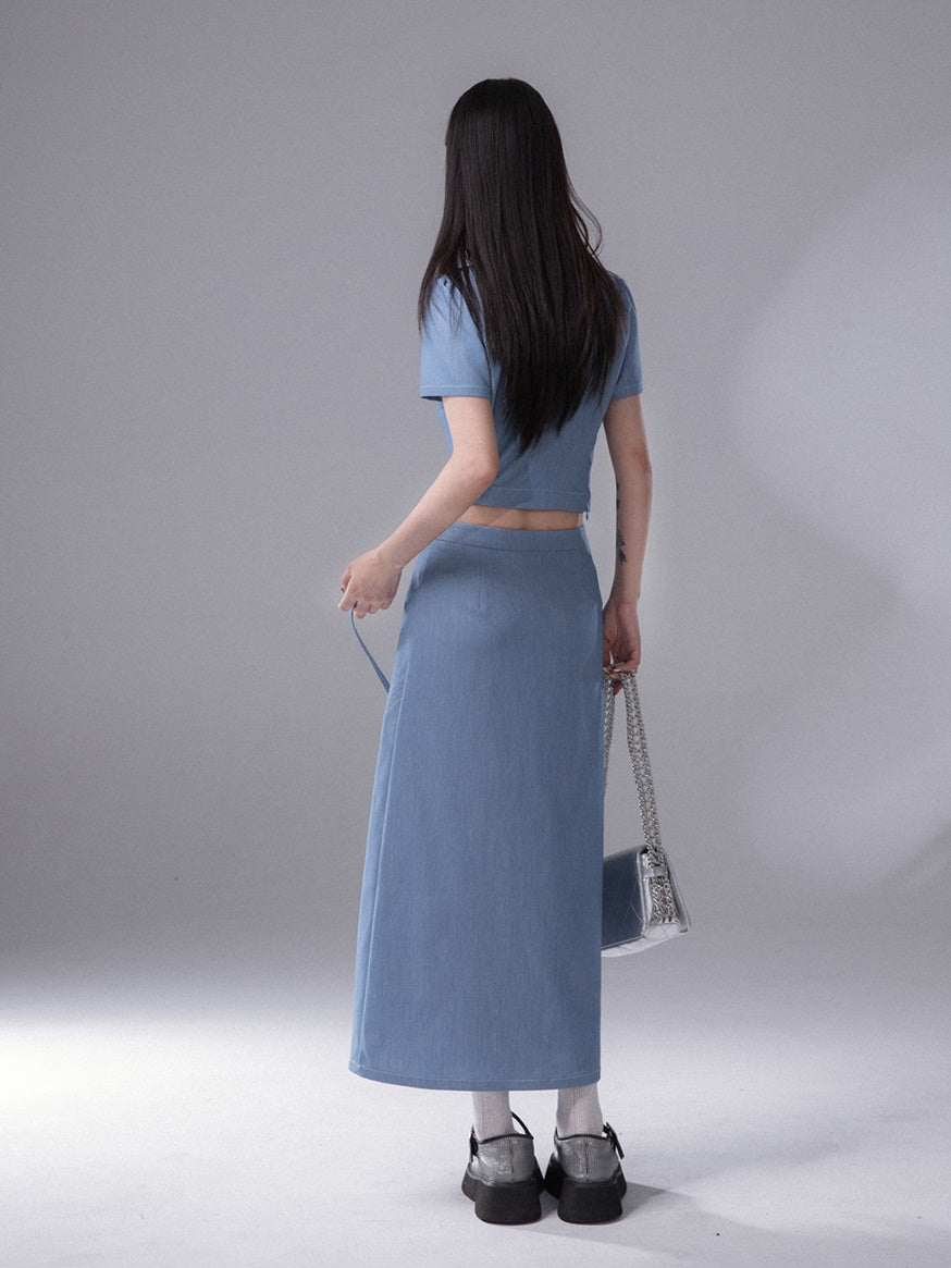 Cut-out Chinese Short Sleeve Top &amp; Slit Skirt Set-up