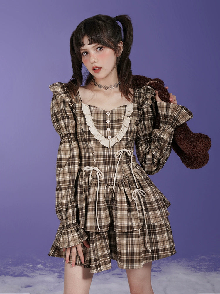 Plaid Bow Small Flying Sleeve Dress