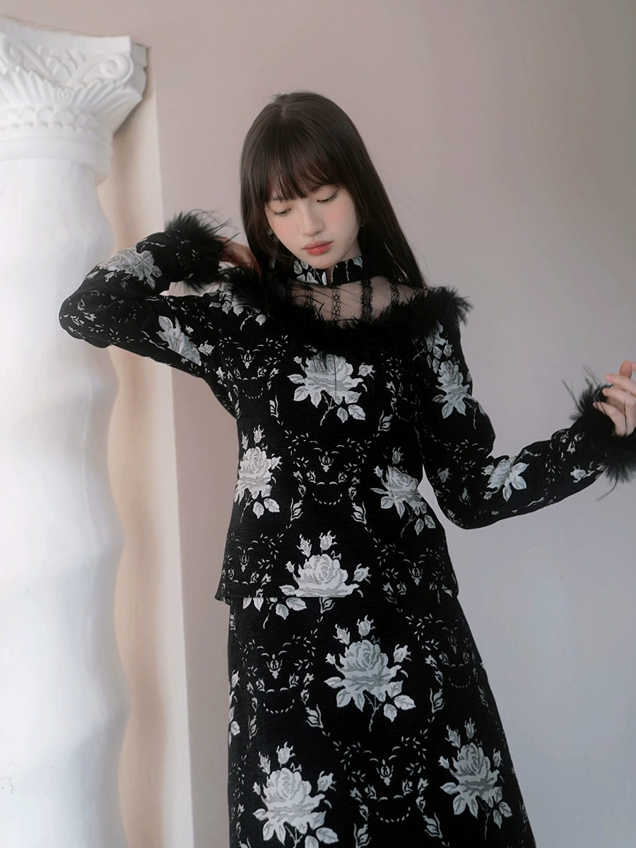 Plush Splicing Jacquard Lace Cheongsam Top