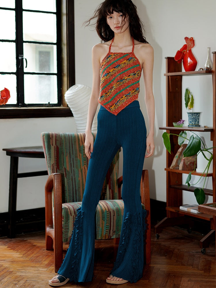 Frill Stretch Knit Long Flared Pants