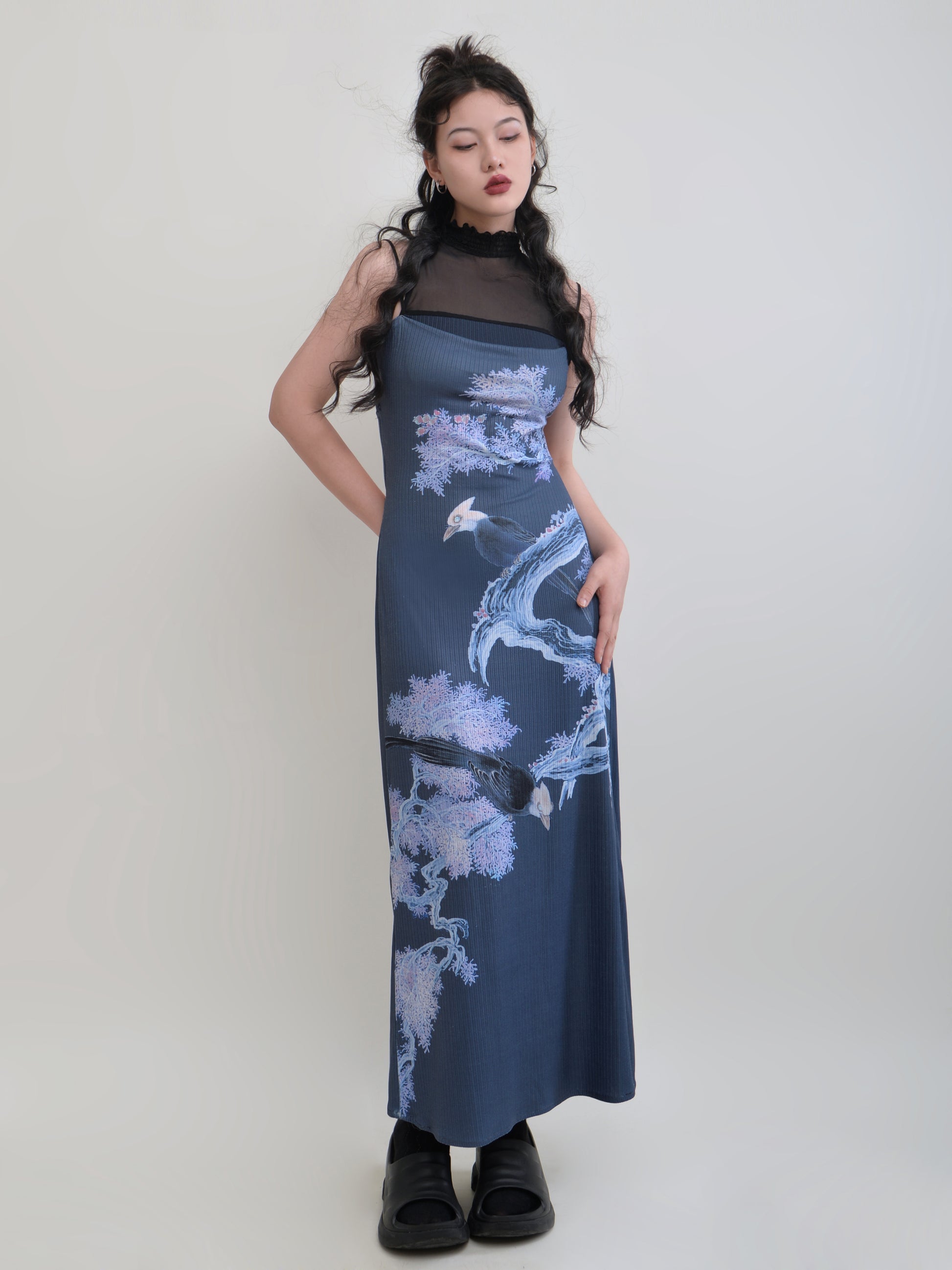 Double Bird Printed Slim Elastic Dress