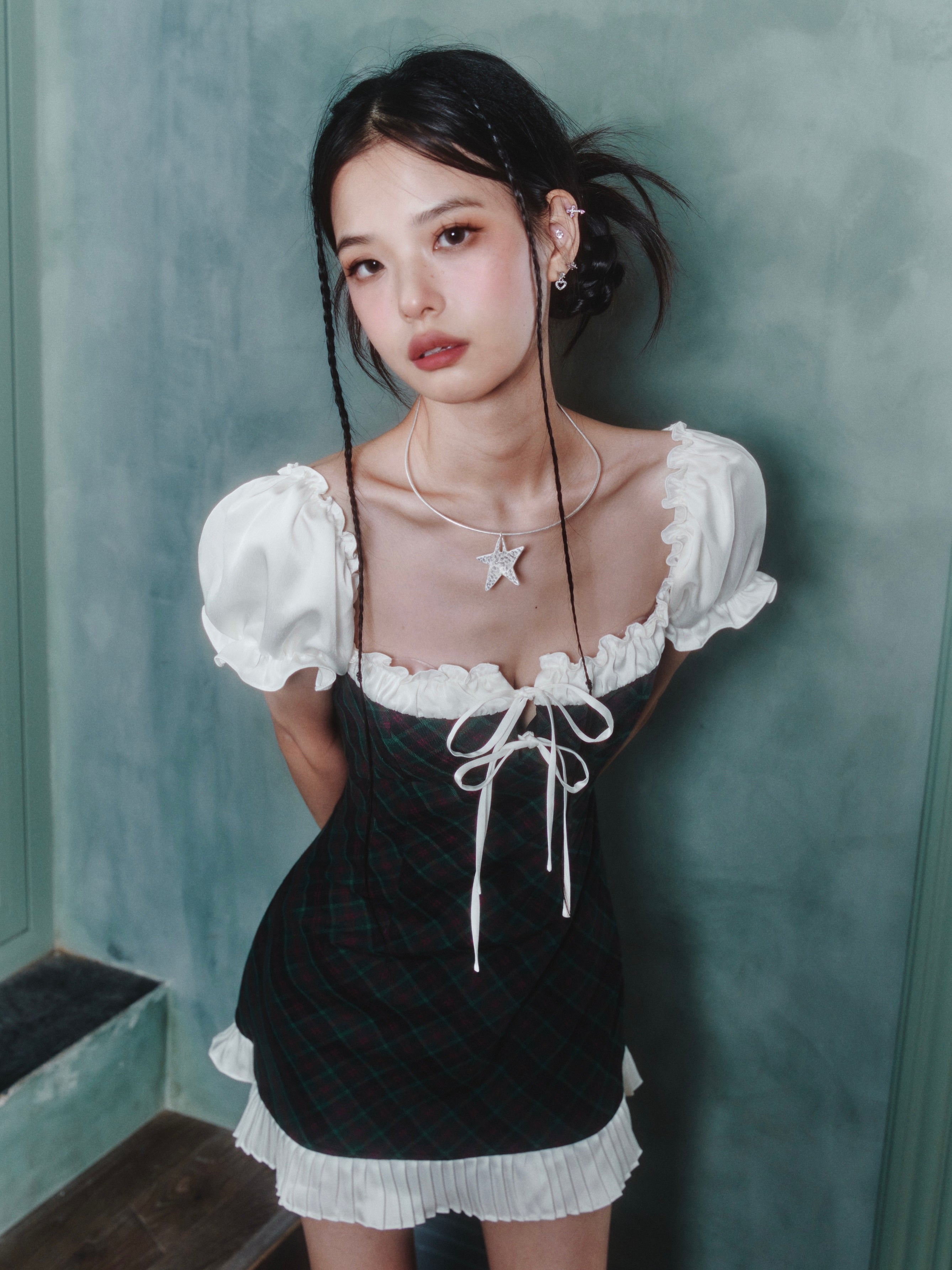 Lace-up Bowknot Plaid Square Neck Dress