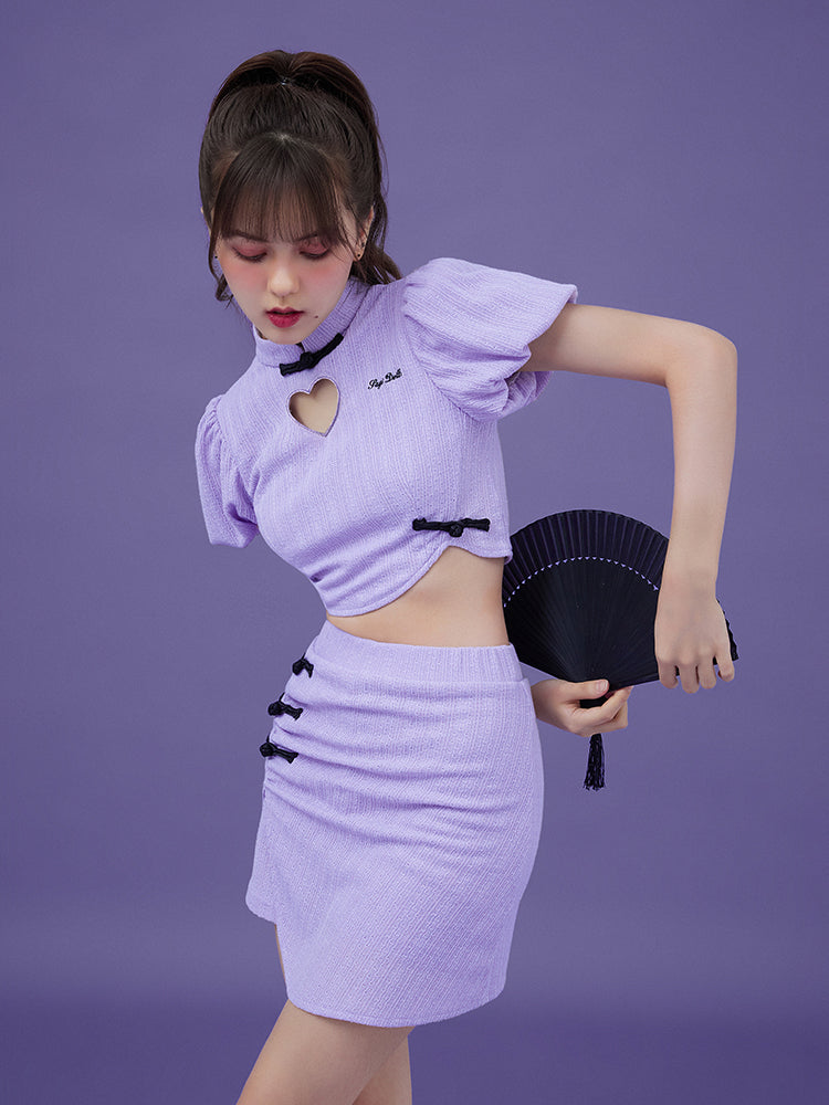 Chinese Style Retro Puff Sleeve Top &amp; Short Skirt