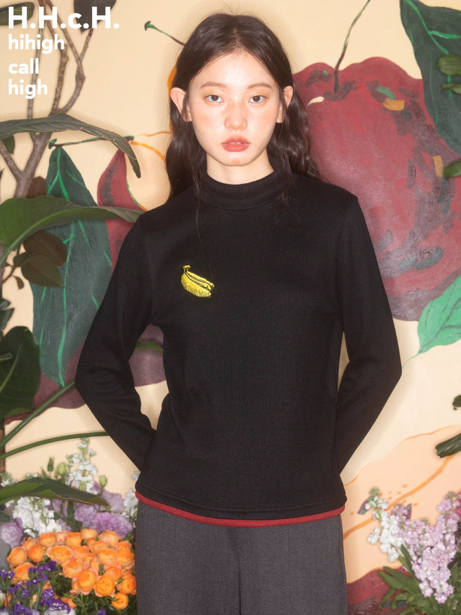 Banana Embroidery Contrasting Color Half Turtleneck Knitted Shirt