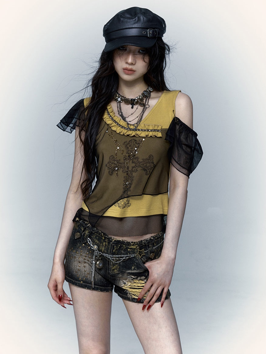 Asymmetric Splicing Mesh Hot Diamond Print T-shirt