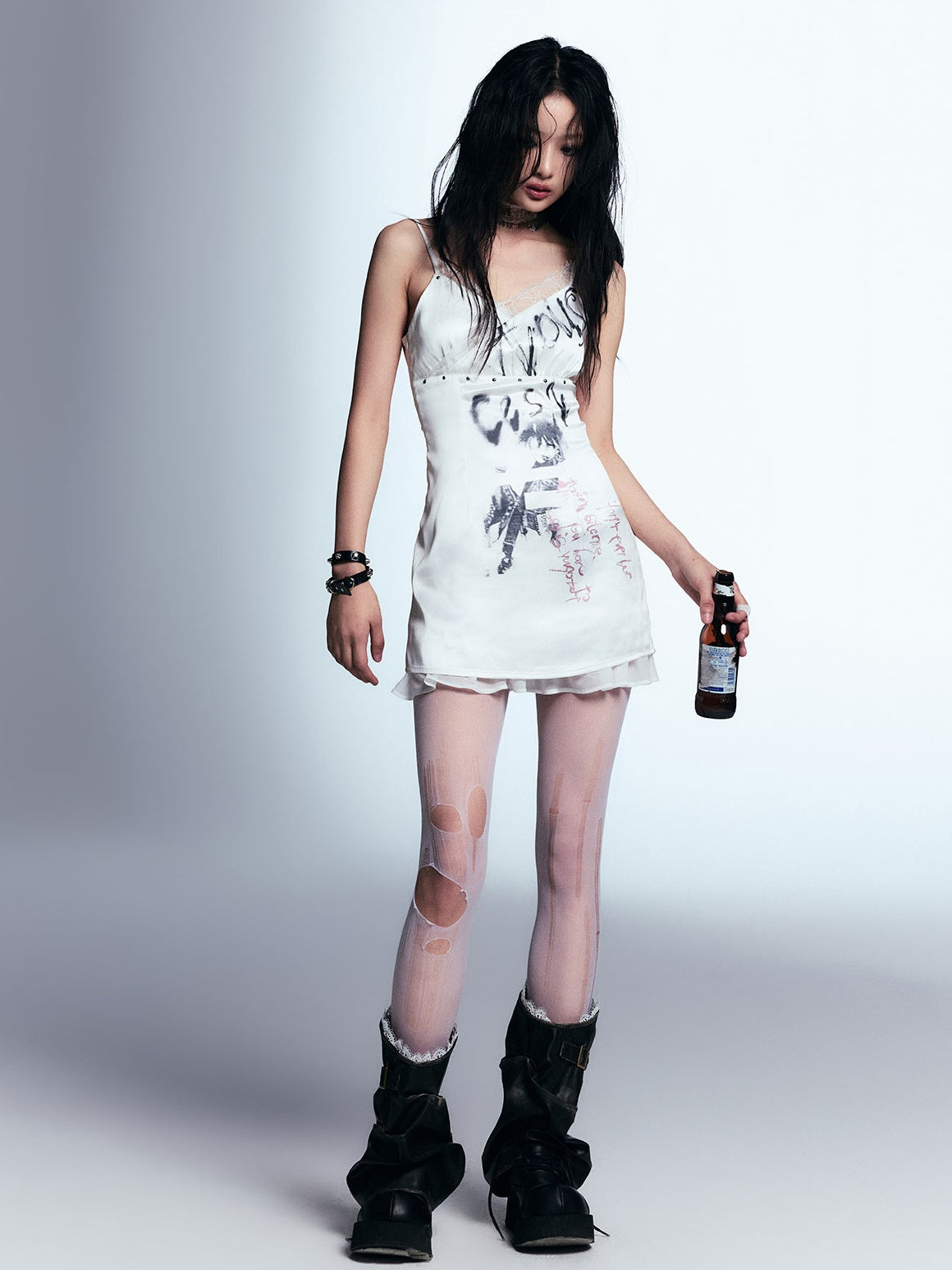 Graffiti Printed Lace Splicing Suspender Dress