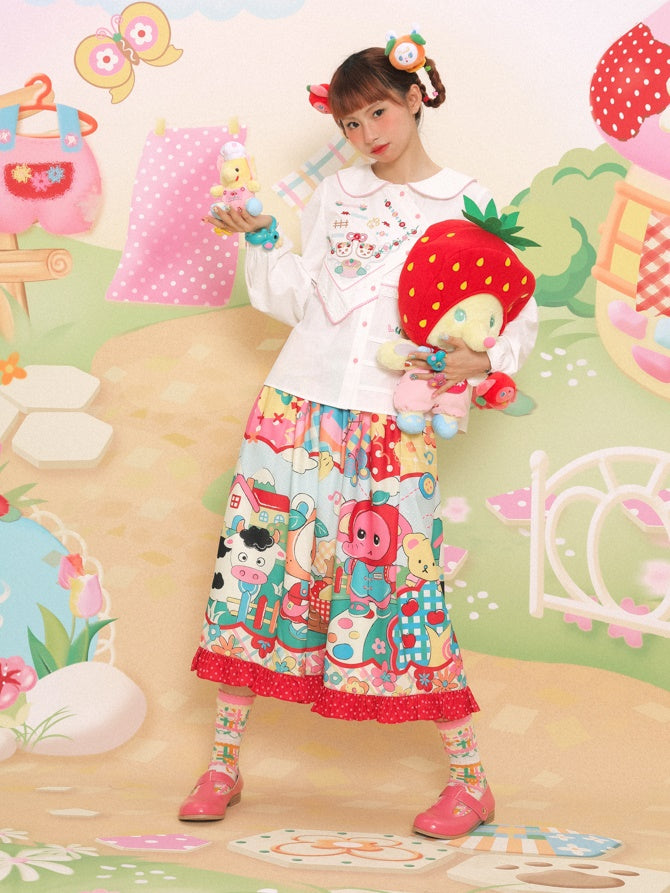 Cartoon Printed Splicing Lace Gather Skirt