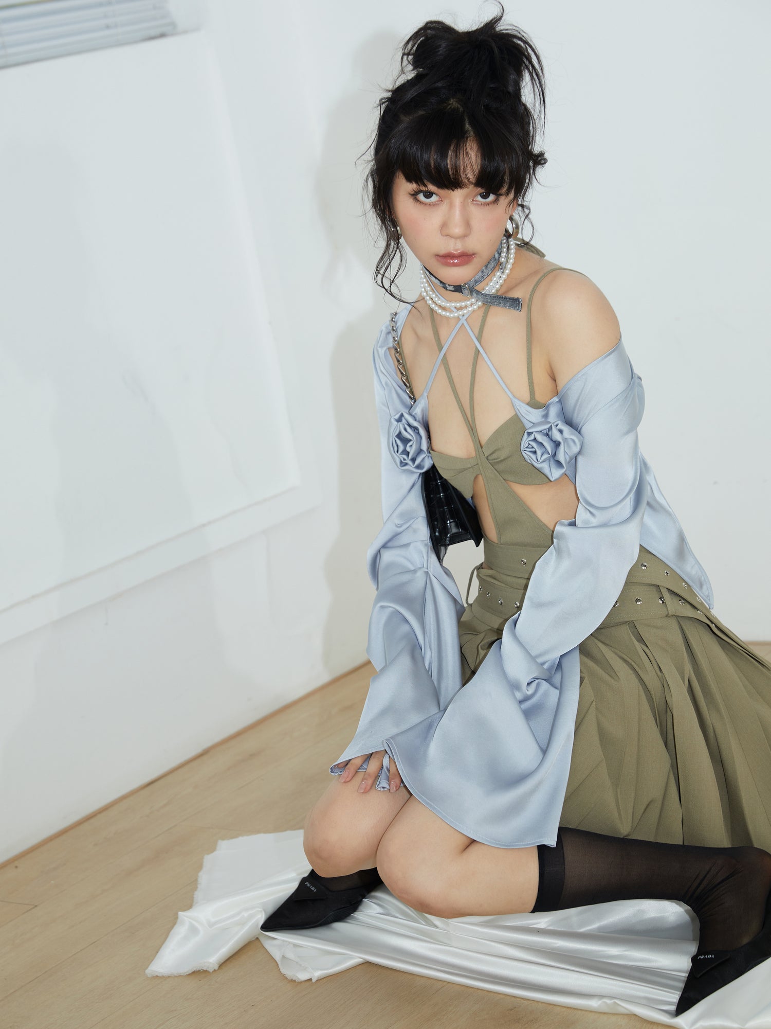 Hollow Belt Decoration PLEATED SUSPENDER SKIRT