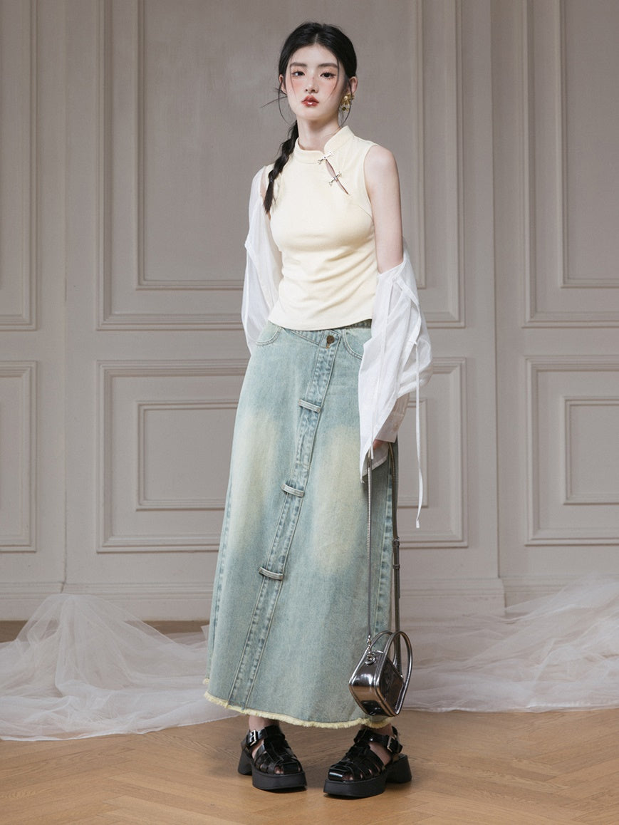 Slanted Placket Distressed Denim Skirt