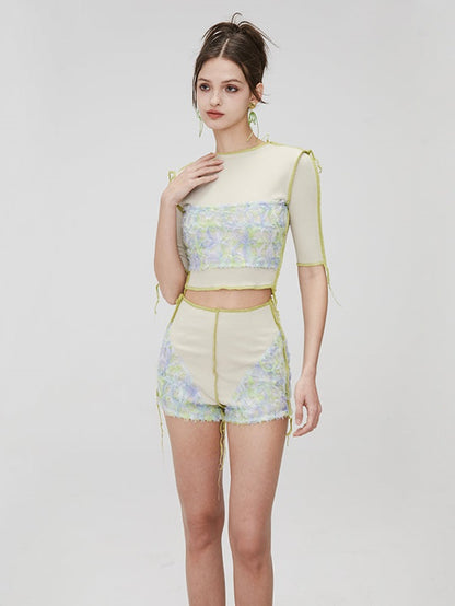 Flower Stitching Short Sleeve Top &amp; High Waist Shorts