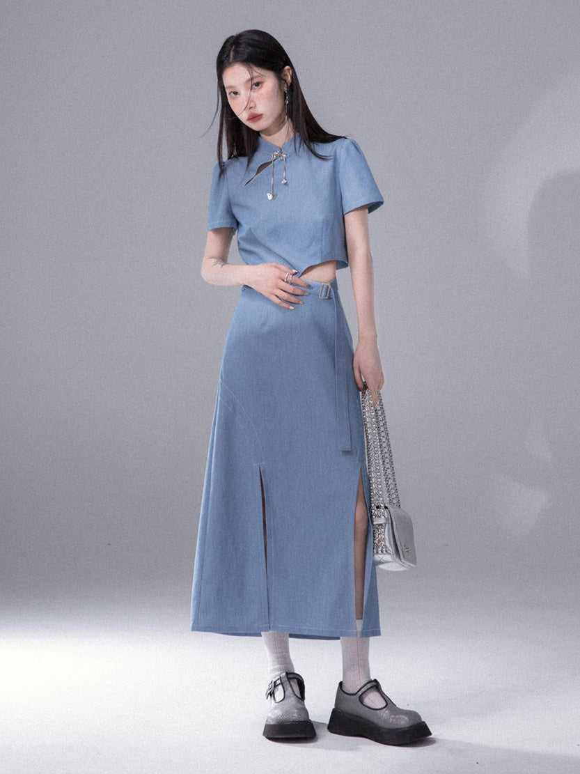 Cut-out Chinese Short Sleeve Top &amp; Slit Skirt Set-up