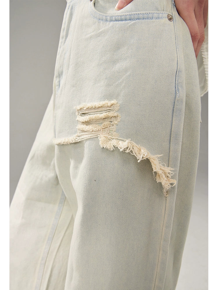 Light-colored Loose Ripped Wide-leg Jeans