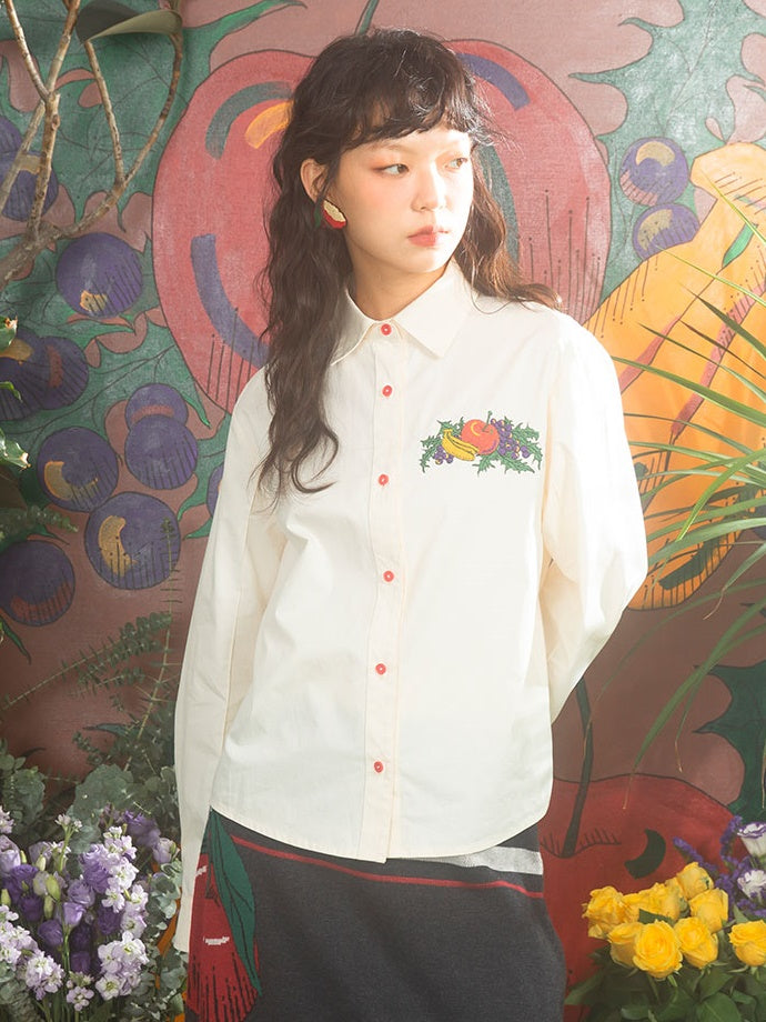 Fruit Embroidered Loose Long-sleeved Shirt