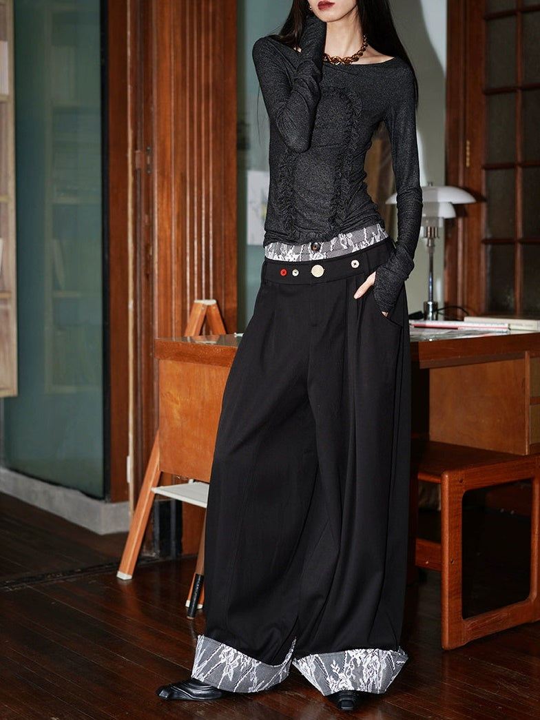 Lace Splicing Flap Loose Wide Leg Pants