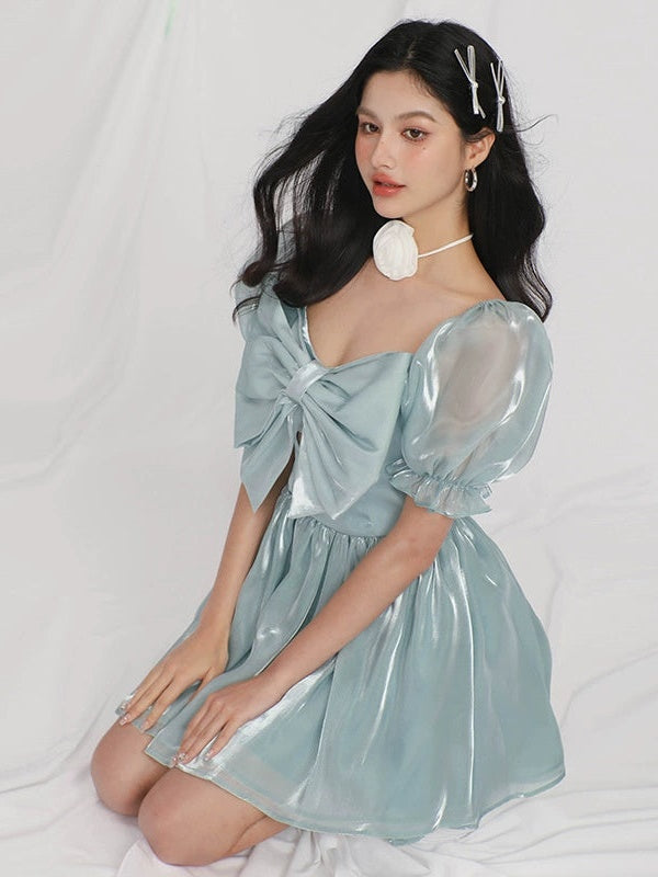 Gauze Puff Sleeve Bow Princess Dress