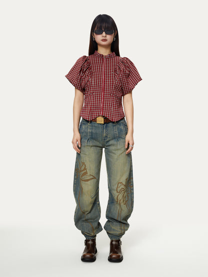 Distressed Printed Curvedl Machete Denim Pants