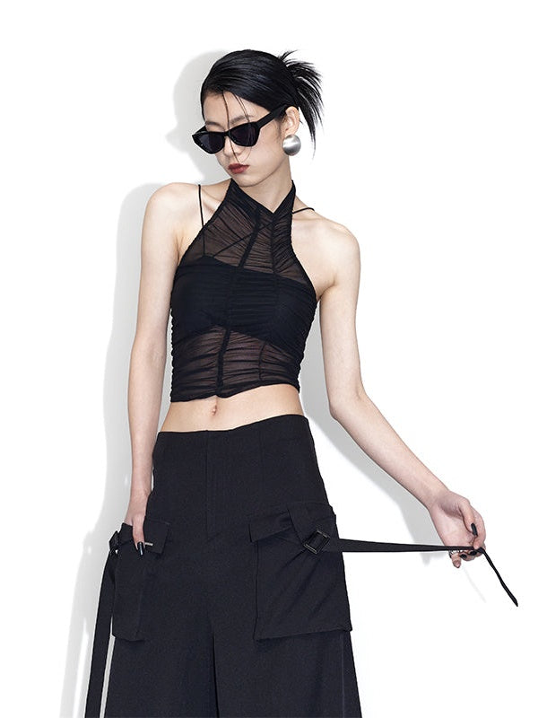 Detachable Asymmetric Sling Tube Top &amp; Gauze Pleated Tank Top Set