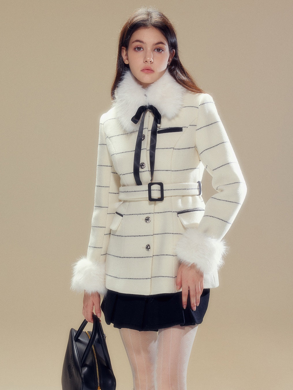 Fur Collar Border Belt Coat