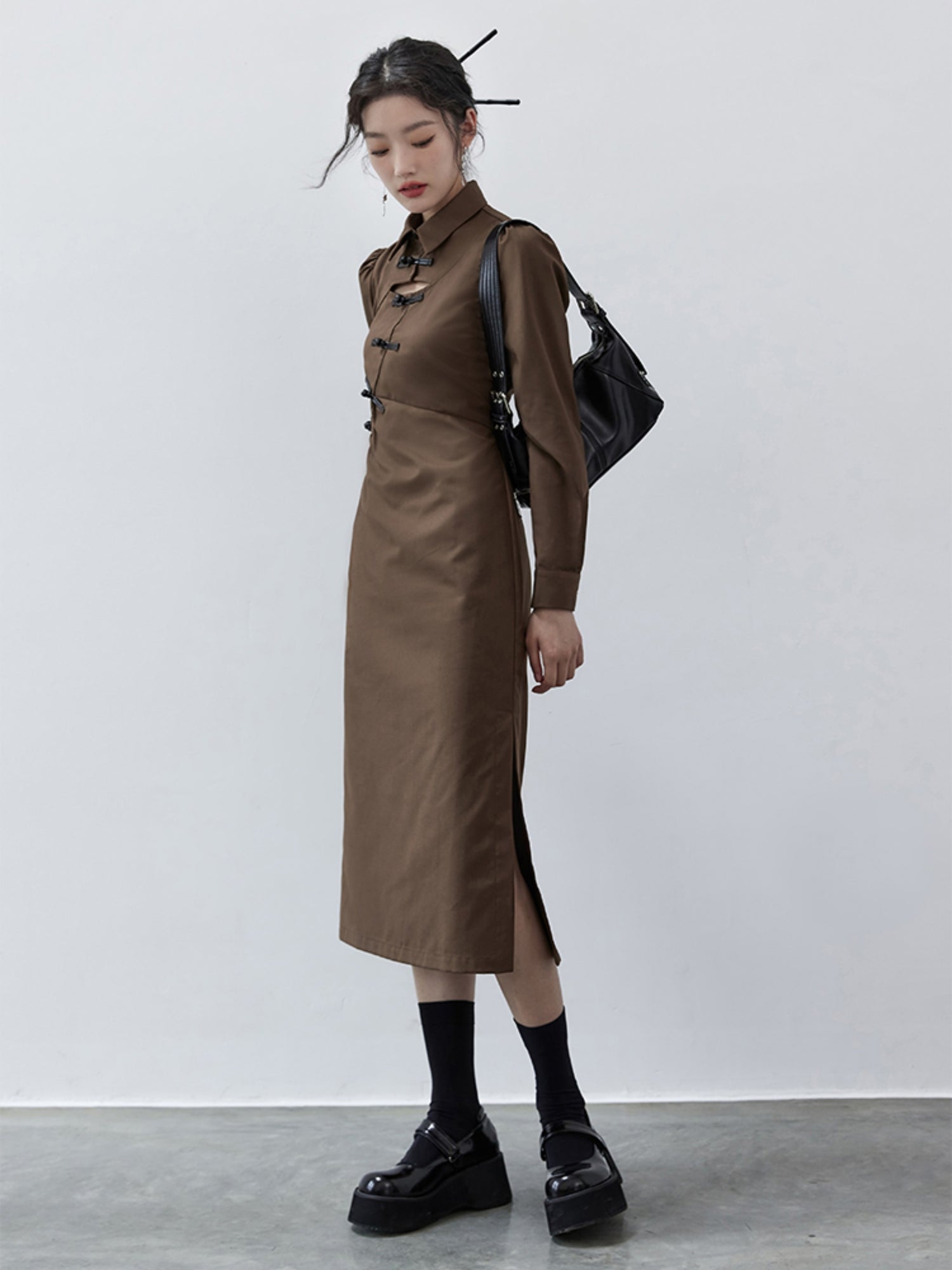 Chinese Style Hollow Mid-length Shirt Dress