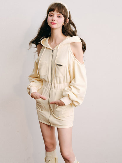 Hooded Cut Shoulder Sweatshirt One-piece