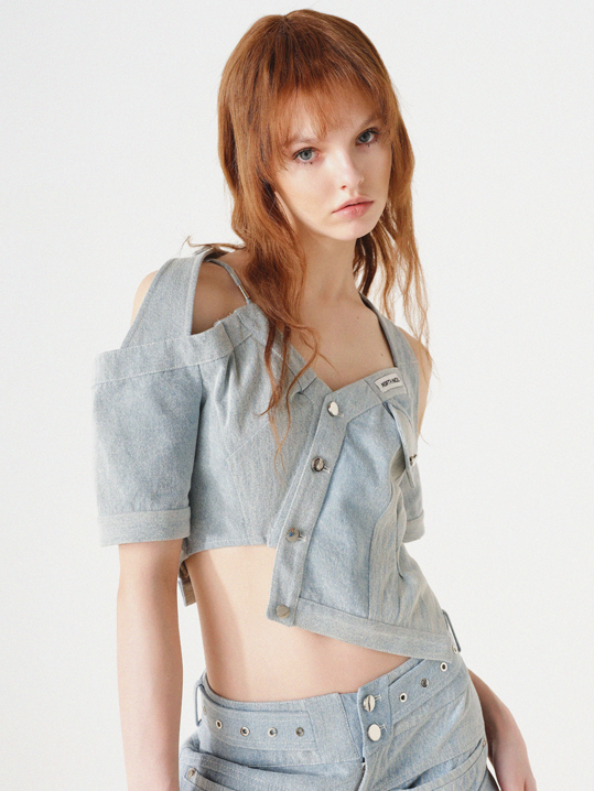 Denim-Asymmetrie-Halfter-Neck-Top-Top