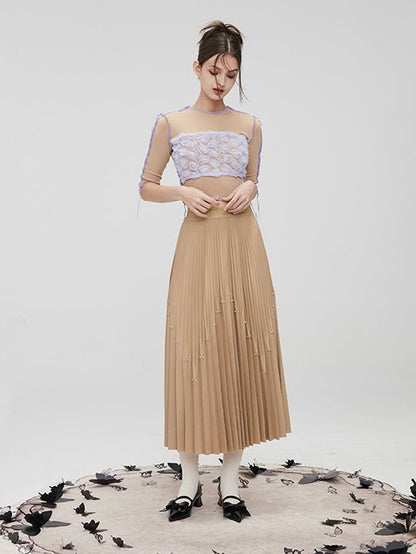 Rhinestone Long Pleated Skirt