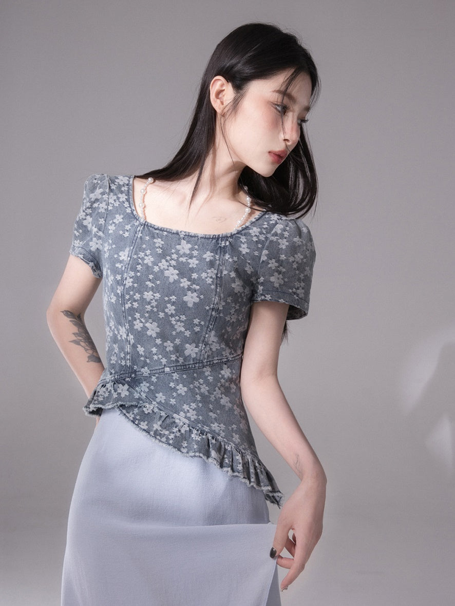 Midsummer Denim Jacquard Short-sleeved Top