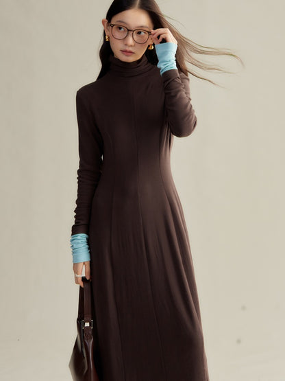 Color-blocked High Collar Knitted Long One-piece