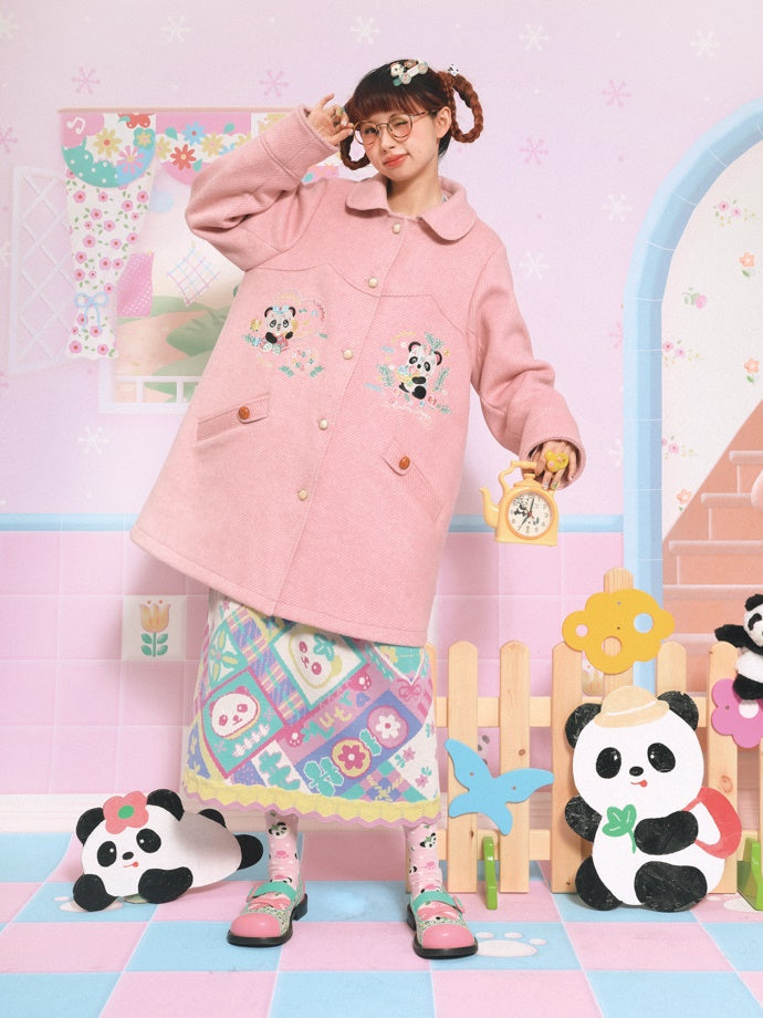 Panda Embroidered Doll Collar Mid-length Coat