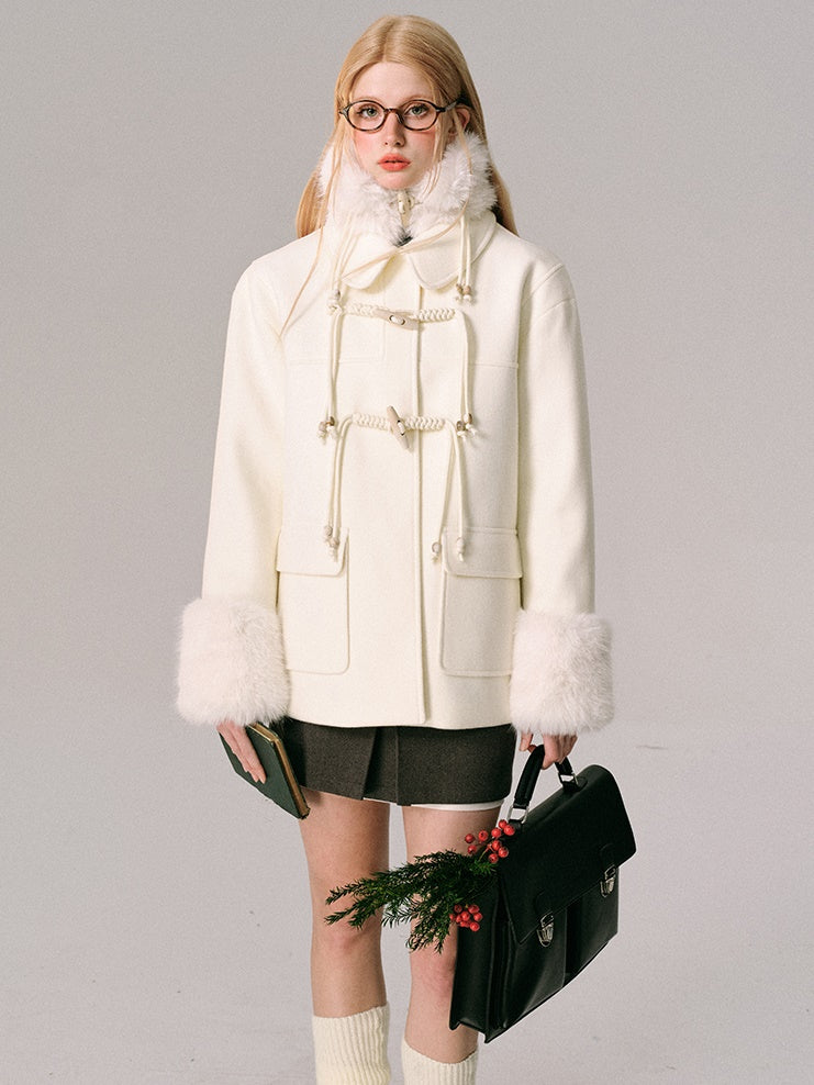 Horn Button Furry Collar Short Coat