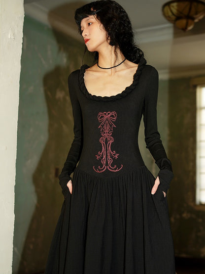 U-Neck Embroidery Waist Switching Long Dress