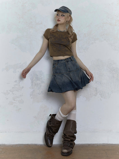 Retro Old Bud Fluffy A-line Denim Skirt