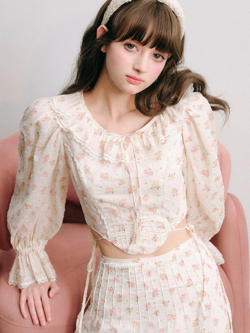 Floral Frill Collar Cropped Shirt A Line Mini Skirt