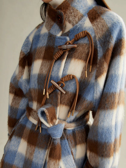 Retro Plaid Stand Collar Toggle Coat