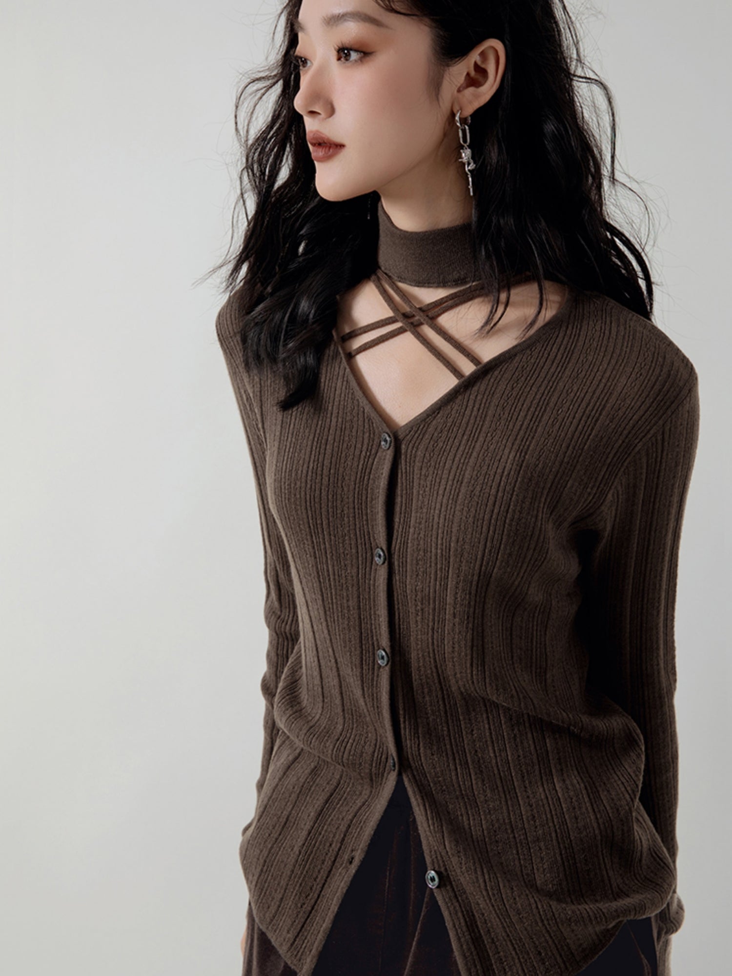 Choker Neck Niche Knitted Strap Cardigan