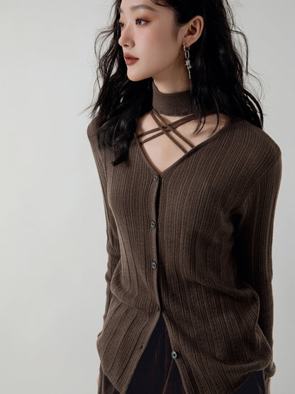 Choker Neck Niche Knitted Strap Cardigan