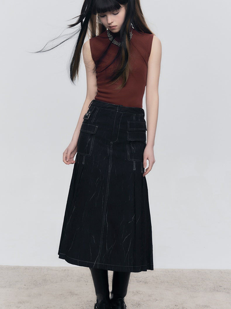 Wrinkle Texture Pleated Pocket Skirt