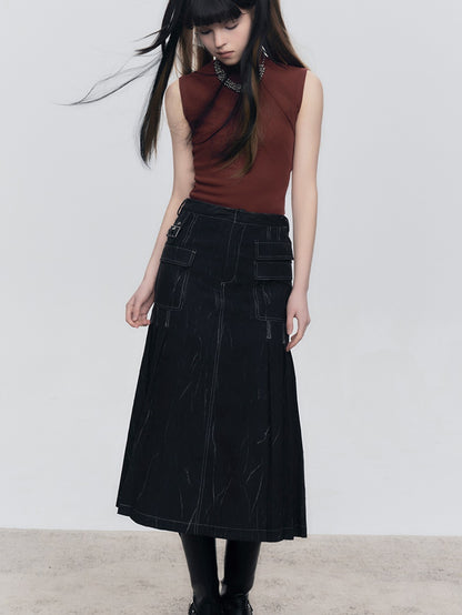 Wrinkle Texture Pleated Pocket Skirt