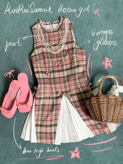 Sleeveless Check Patchwork Pleated Dress