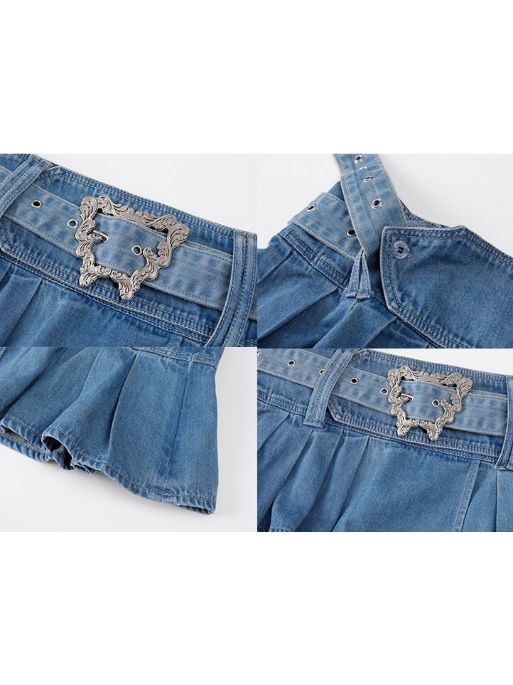 Distressed Denim Low-waist Pleated Skirt