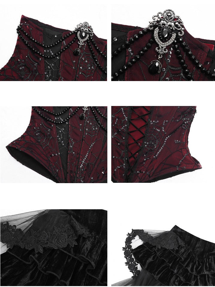 Gothic Velvet Fishbone Corset &amp; Bead Decoration Camisole &amp; Tulle Lace Velvet Skirt