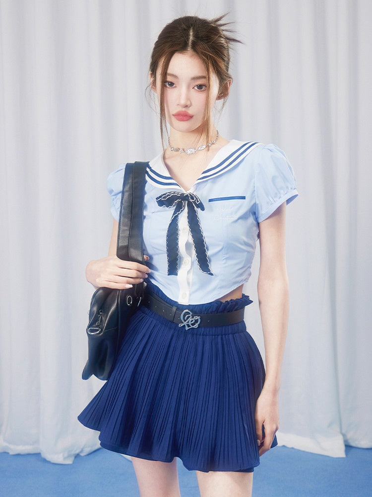 School Girl Puff Sleeve Top &amp; Pleated Skirt