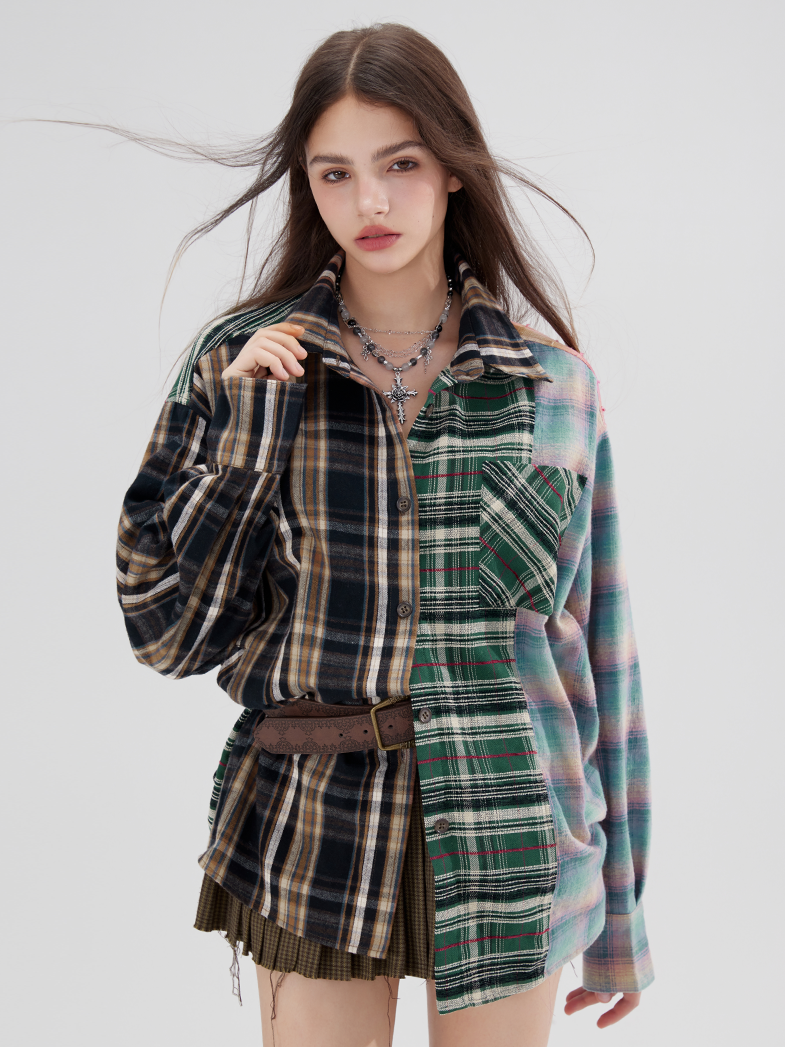 Loose Niche Design Contrasting Plaid Splicing Shirt