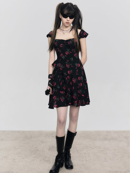 Rose Floral Belt Chest Strap Dress