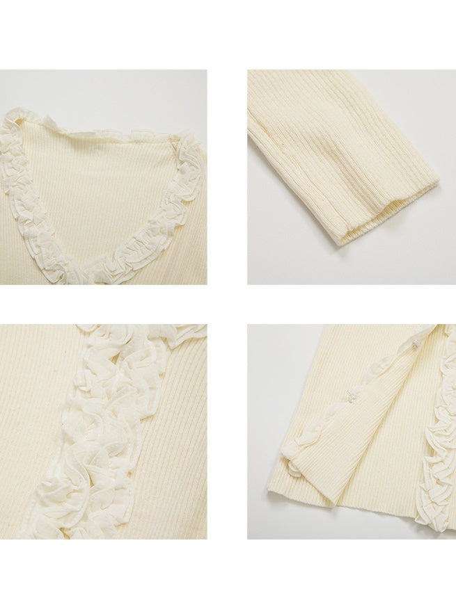 Lace Design Niche Low Round Neck Knitted Cardigan