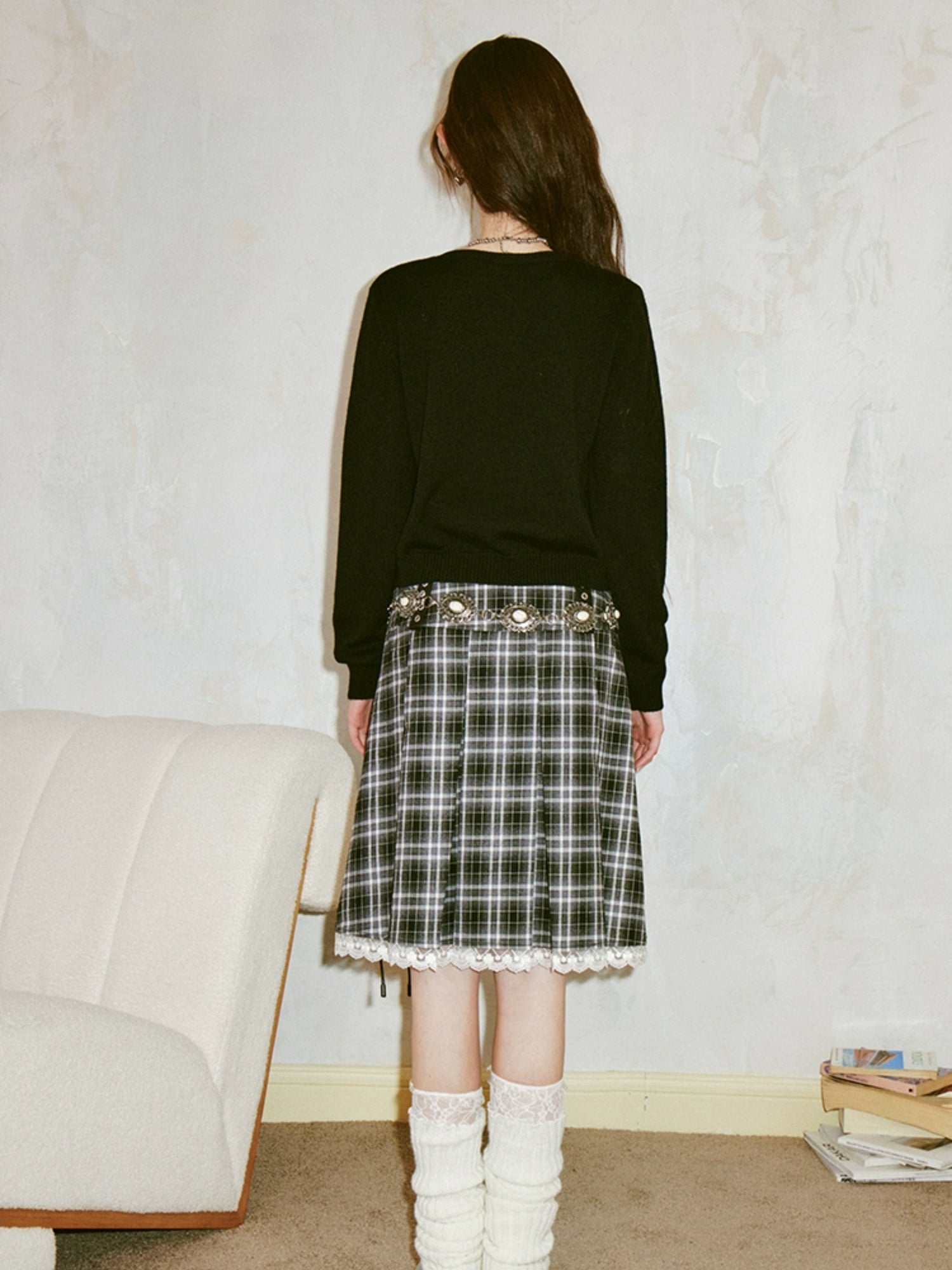 Lace Spliced Plaid A-Line Pleated Skirt