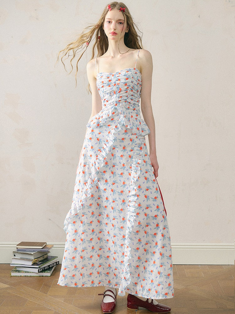 Floral Suspender Tuck Pleated Long Dress