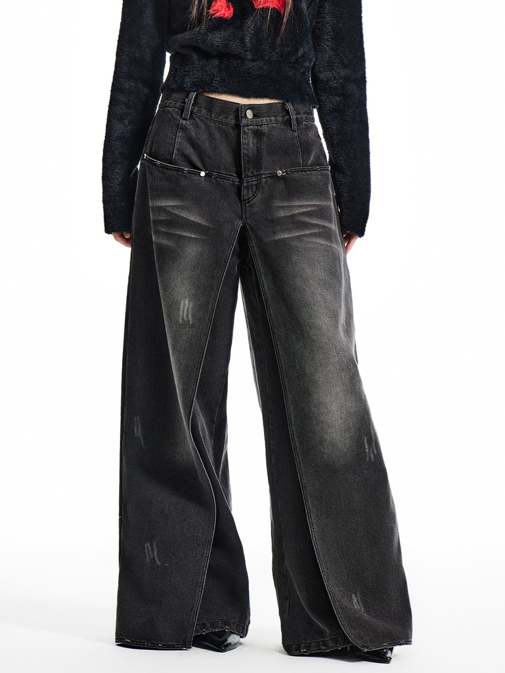 Washed Layered Design Wide-leg Jeans