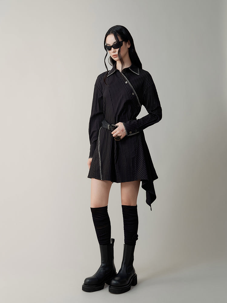 Asymmetric Stripe Slant Button Shirt Dress