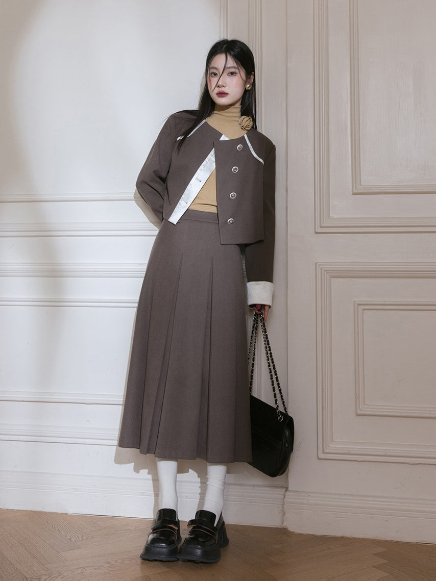 Satin Stitch Short Jacket ＆ Long Pleated Skirt Set-up